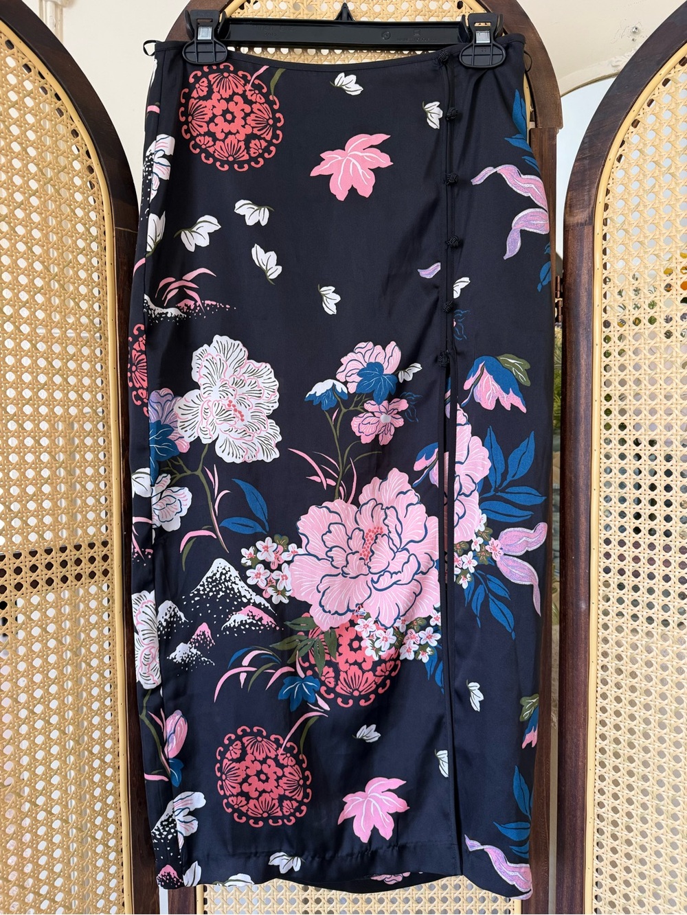 ZARA Floral Black Wrap Skirt with Pink & Blue Blooms
